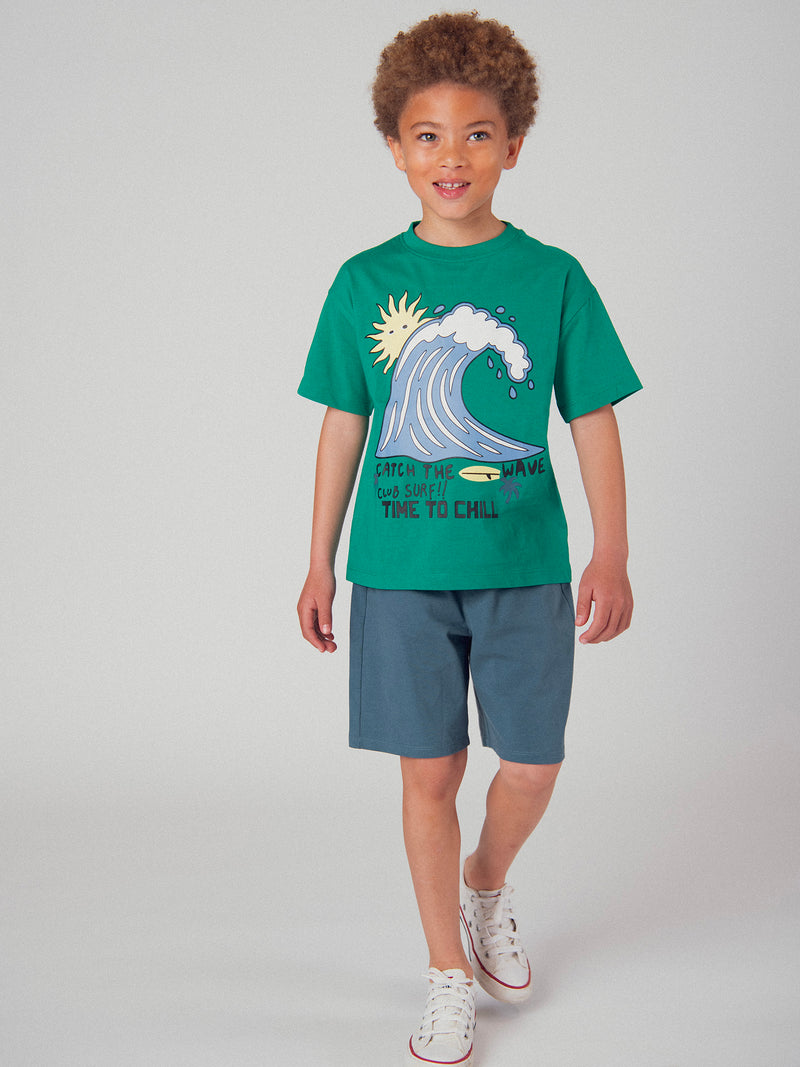 Ensemble t-shirt vert et short bleu foncé avec animation pour garçon