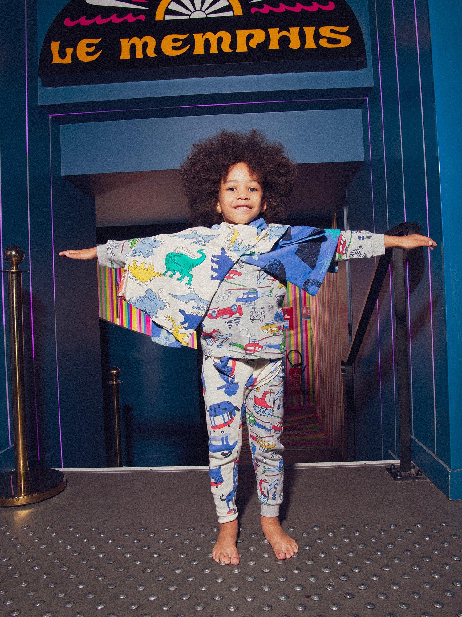 Pigiama Fosforescente Grigio Melange con Stampa All-Over di Auto per Ragazzi