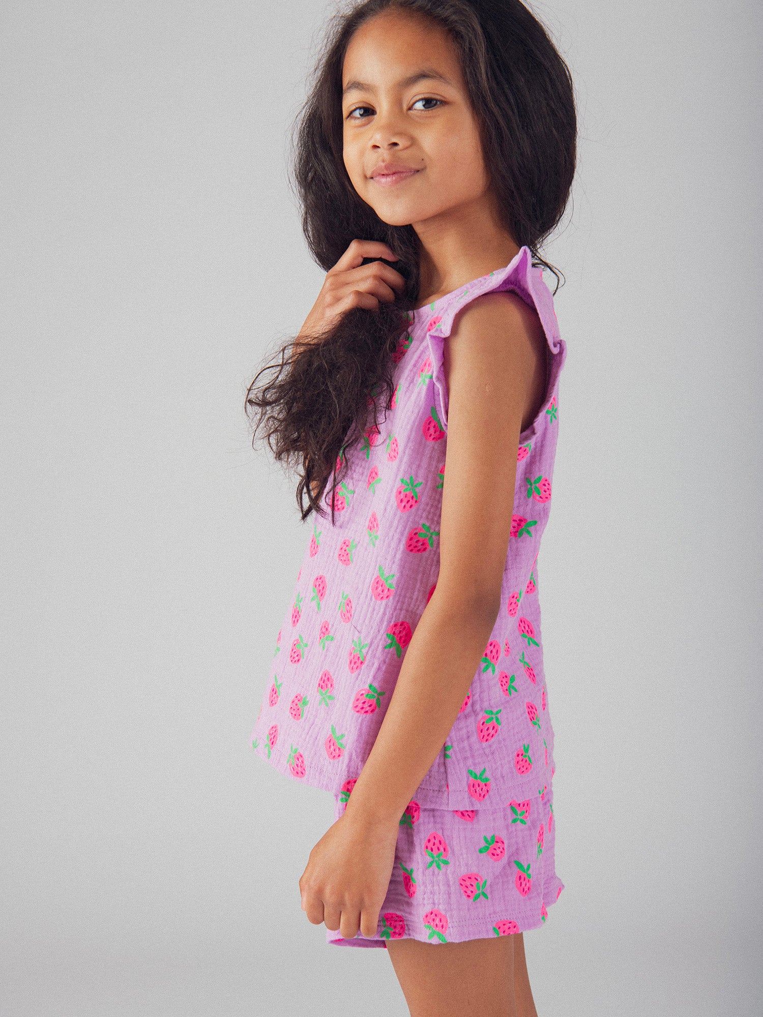 Pigiama corto viola con stampa "Fragole Gourmet" per ragazze