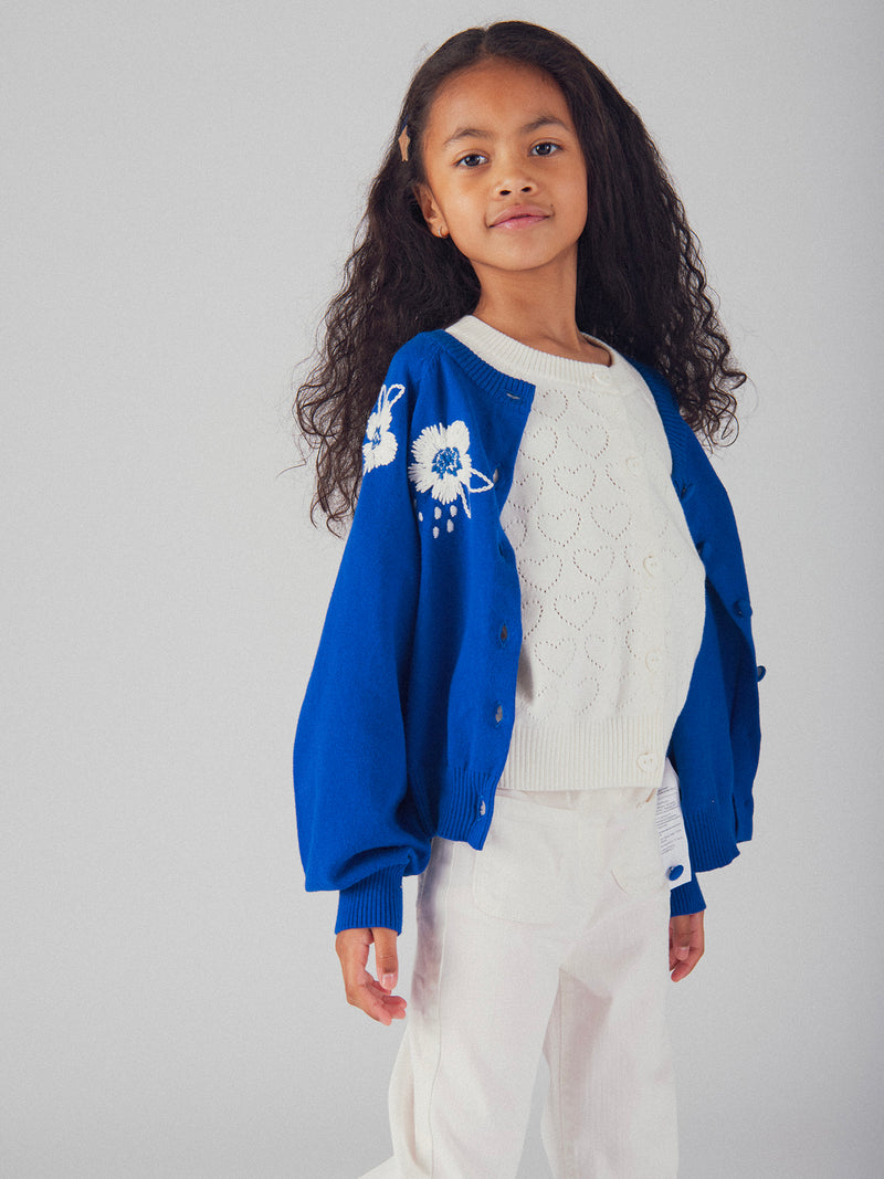 Cardigan blu con ricamo di fiori per ragazze