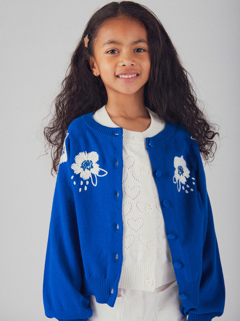 Cardigan blu con ricamo di fiori per ragazze