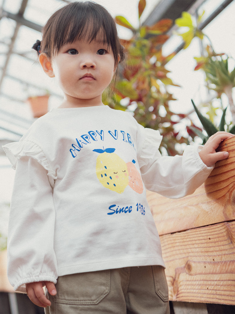 T-Shirt con Maniche Volant Motivo Frutta per Bambina