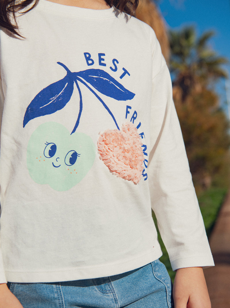 T-Shirt a Maniche Lungo con Animazione di Ciliegie per Ragazze