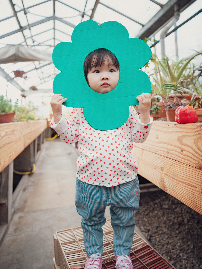 Pantaloni a Righe in Denim con Ricami di Fiori per Bambina