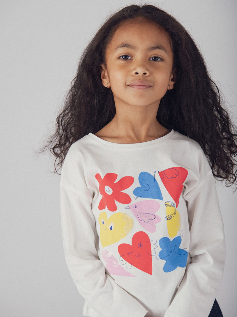 T-Shirt a Manica Lunga Ecru con Animazioni Colorate per Ragazza