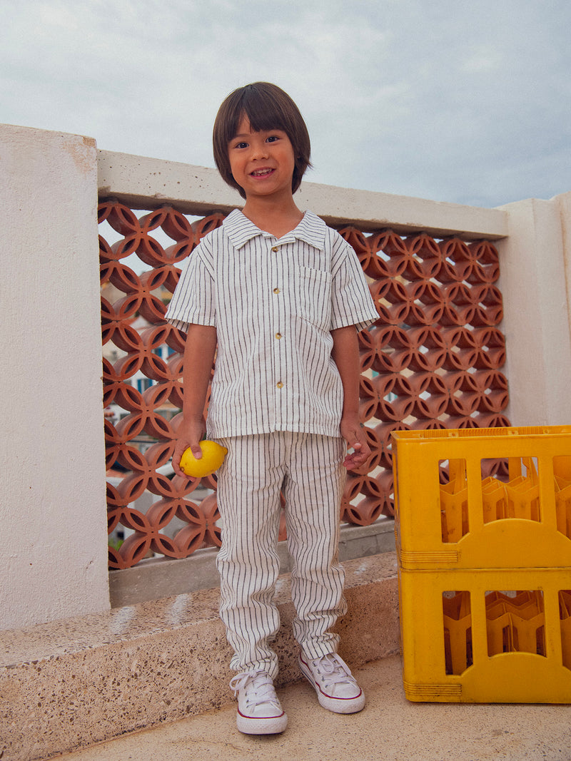 Camicia a righe ecru a maniche corte per bambino