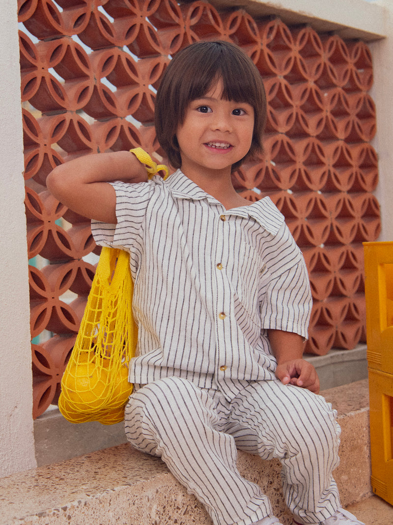 Camicia a righe ecru a maniche corte per bambino