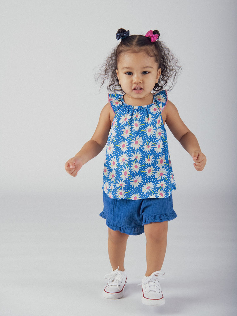 Completo Blu a Fiori e Pantaloni Corti Unici per Bambine