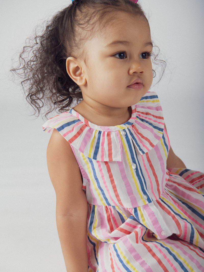 Abito a righe multicolore con colletto arricciato per bambina