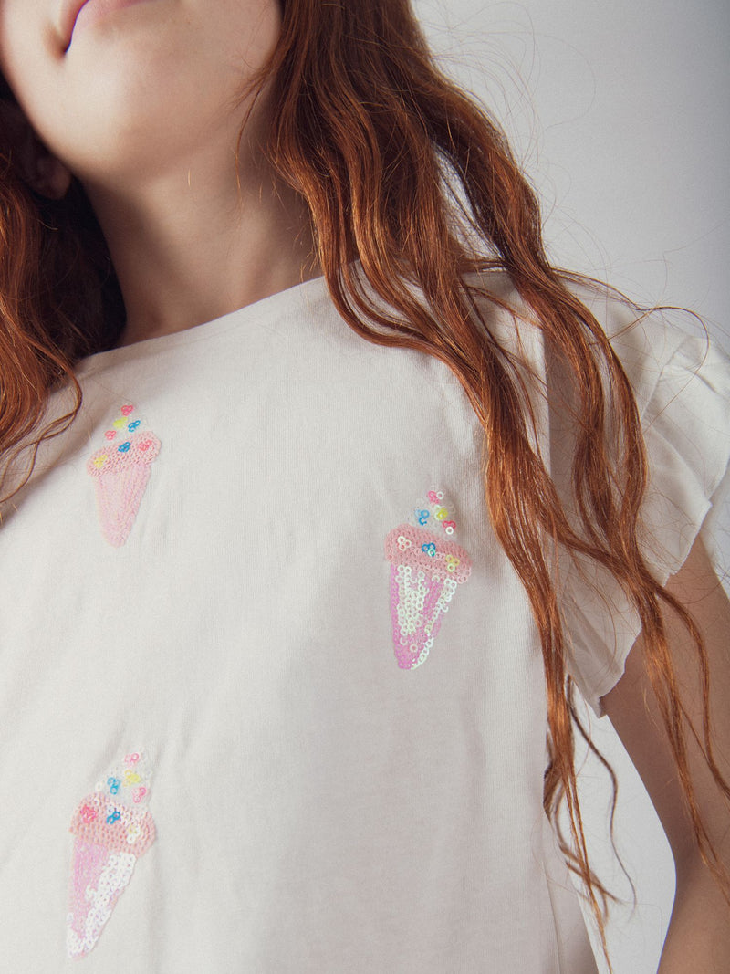 T-shirt ecru con animazione gelato in paillettes per ragazze