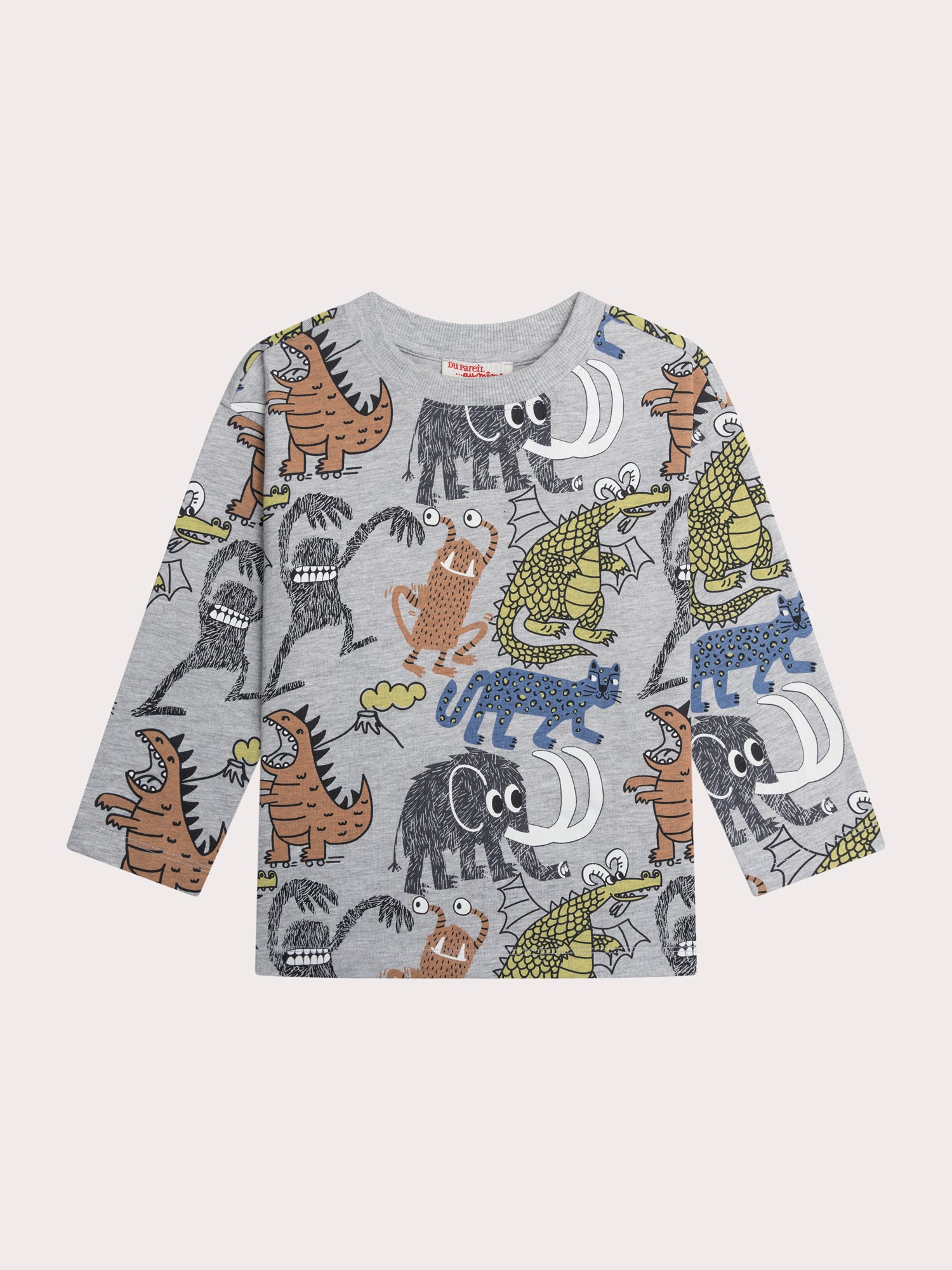 T-shirt grigio mélange con stampa di animali e mostri