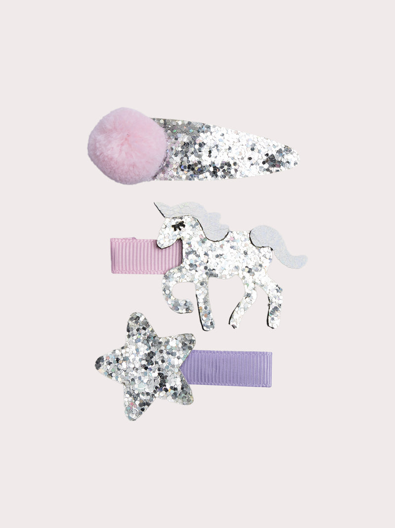 Set di 3 clip per capelli a stella, pompon e unicorno per ragazze