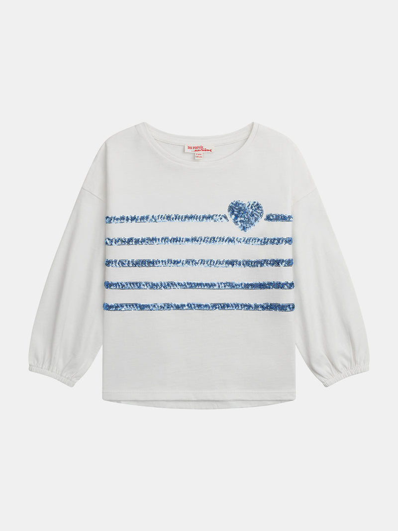 T-shirt bianco panna con paillettes blu per bambina