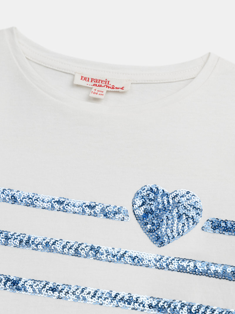 T-shirt bianco panna con paillettes blu per bambina
