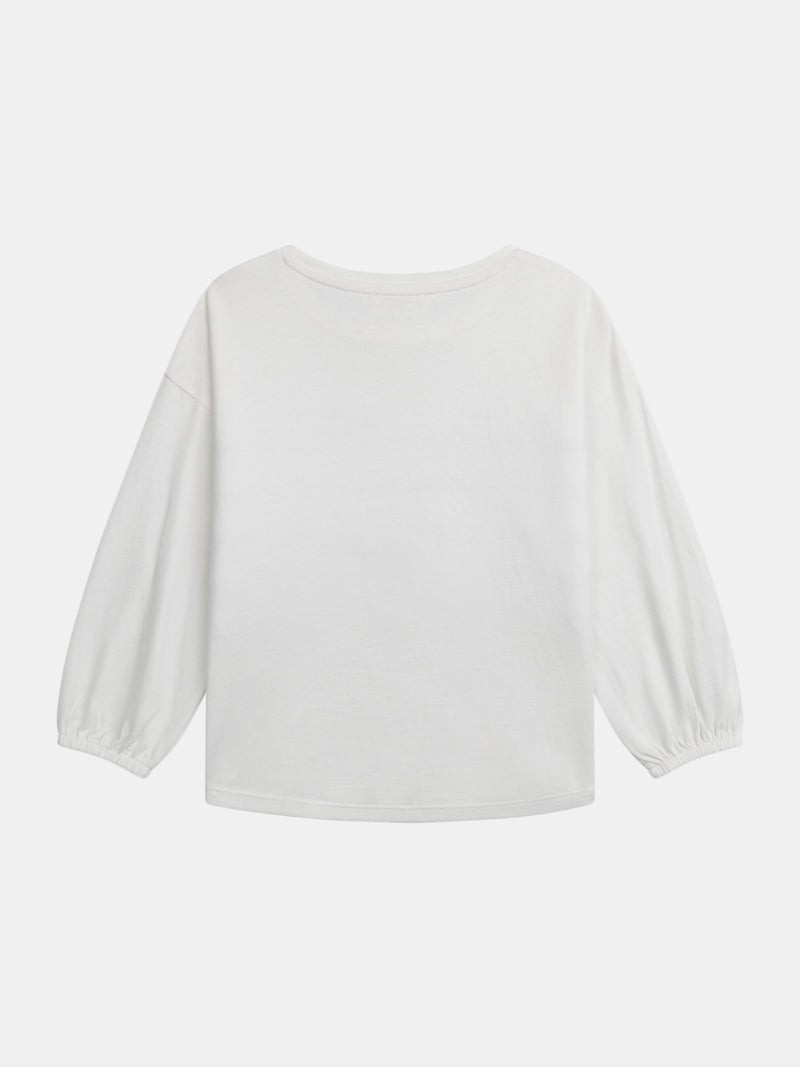 T-shirt bianco panna con paillettes blu per bambina