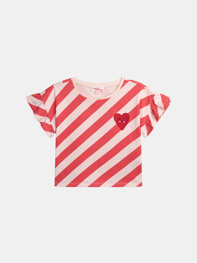 T-shirt Rosa A Righe a Maniche Corte con Badge per Ragazze