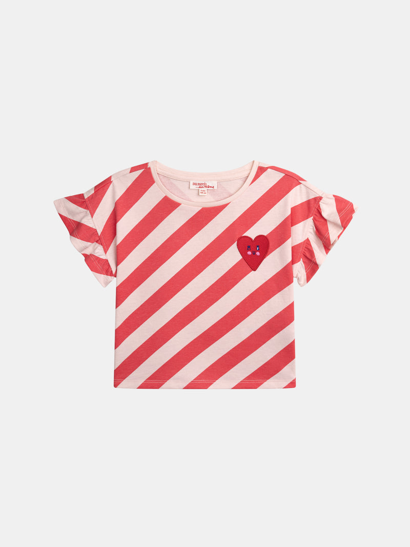 T-shirt Rosa A Righe a Maniche Corte con Badge per Ragazze
