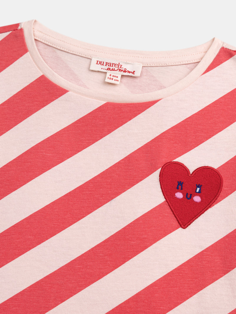 T-shirt Rosa A Righe a Maniche Corte con Badge per Ragazze