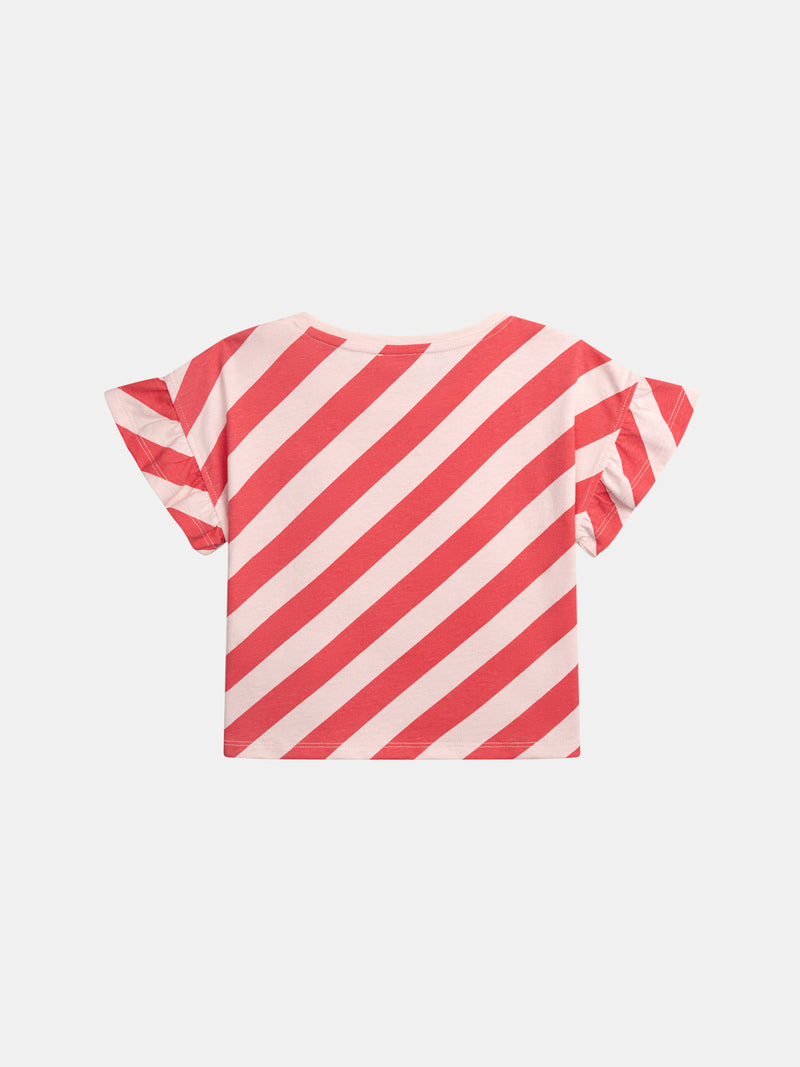 T-shirt Rosa A Righe a Maniche Corte con Badge per Ragazze