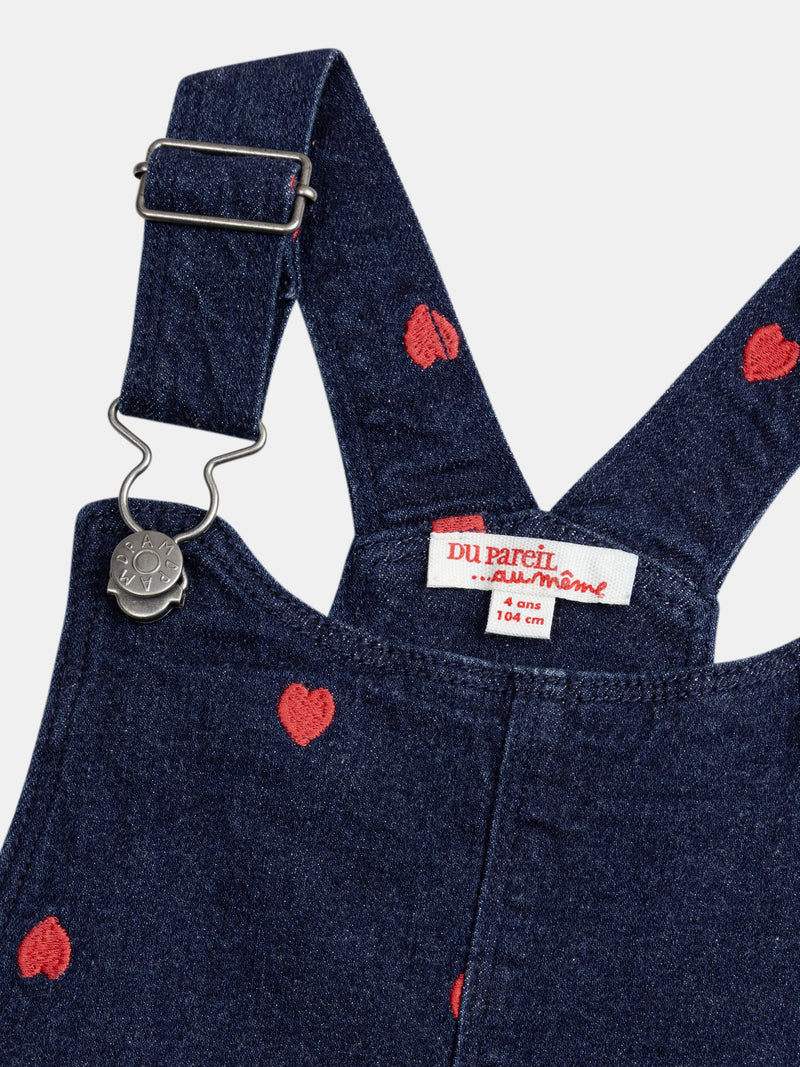 Abito-salopette blu in denim con ricami a cuore per ragazze