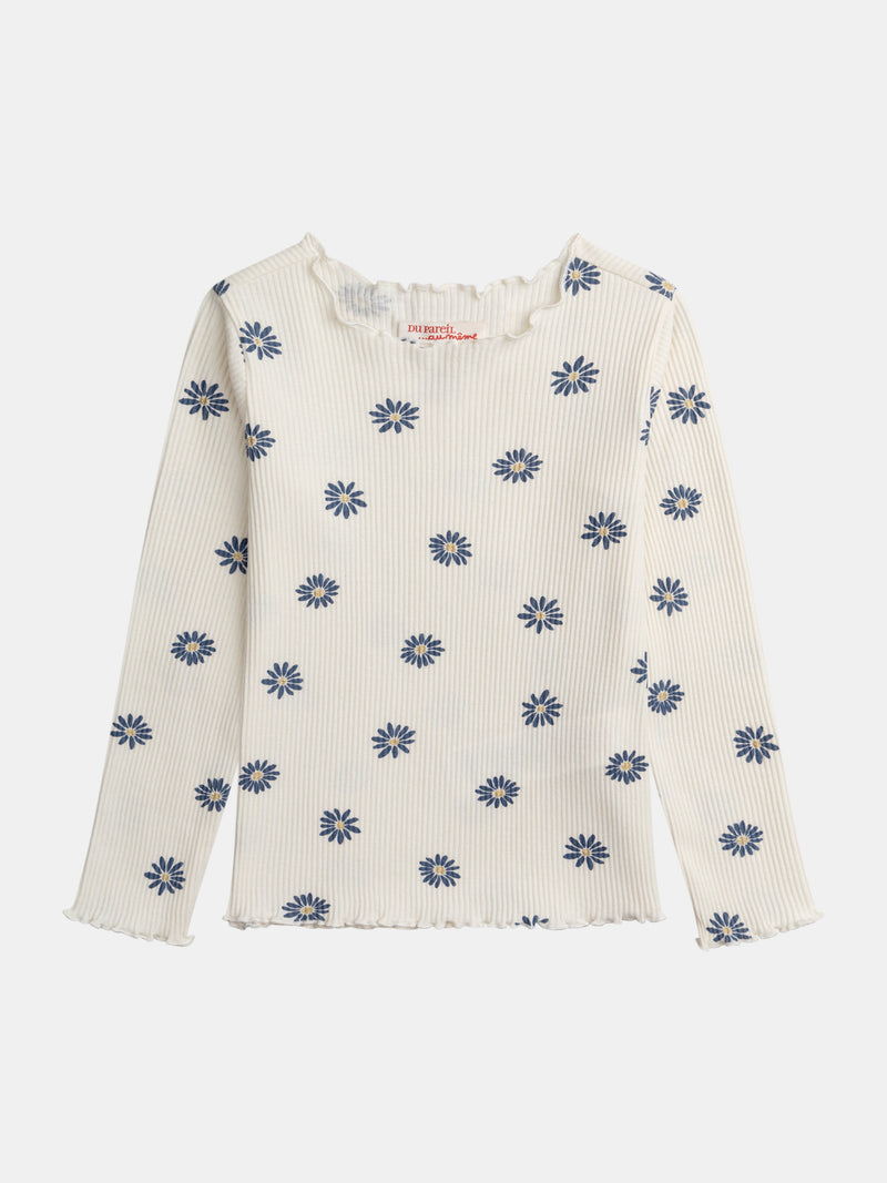 T-shirt ecru a maniche lunghe stampata con fiori per ragazze