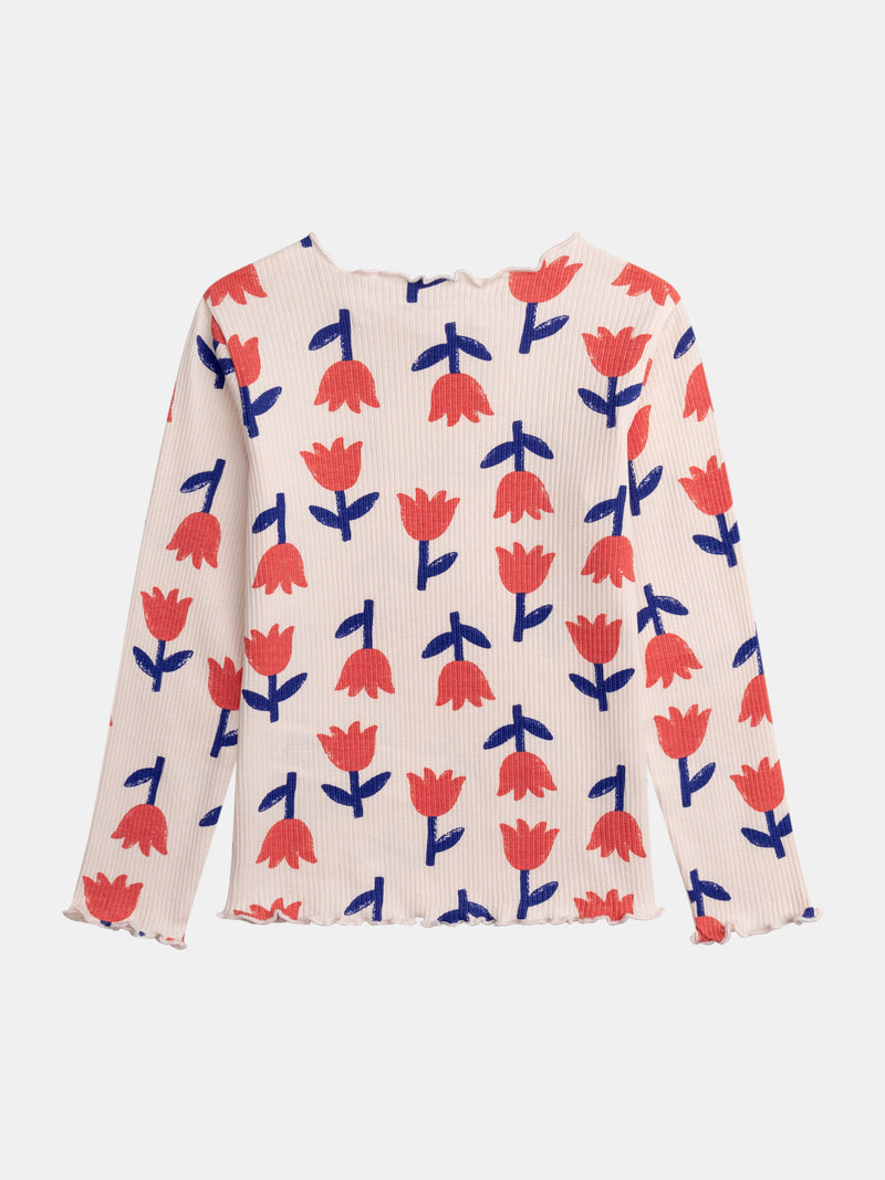 T-shirt a costine con maniche lunghe, rosa con stampa di papaveri per ragazze
