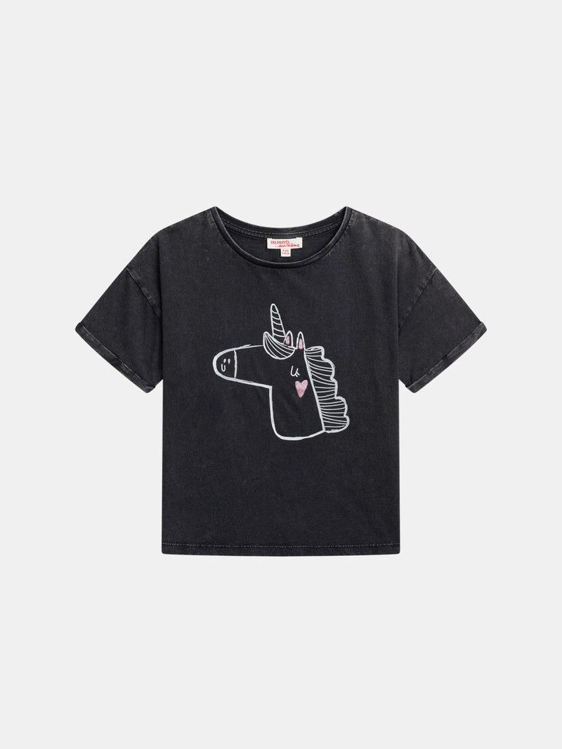 T-shirt grigio scuro con animazione unicorno per bambine