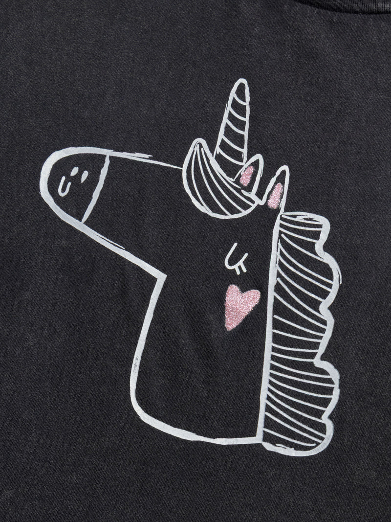 T-shirt grigio scuro con animazione unicorno per bambine