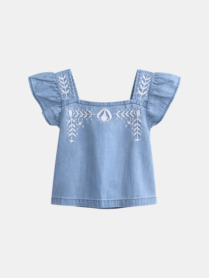 Camicia blu con ricami floreali per bambina