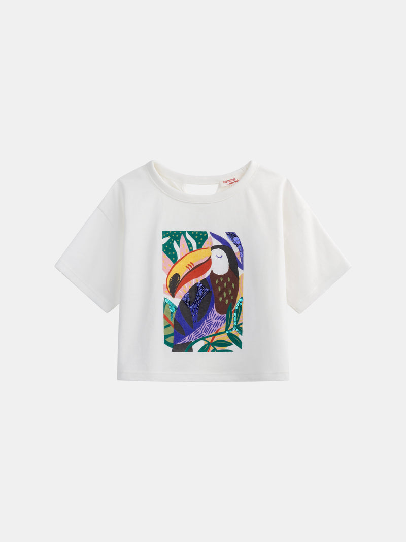 T-shirt ecru con animazione tucano per ragazze