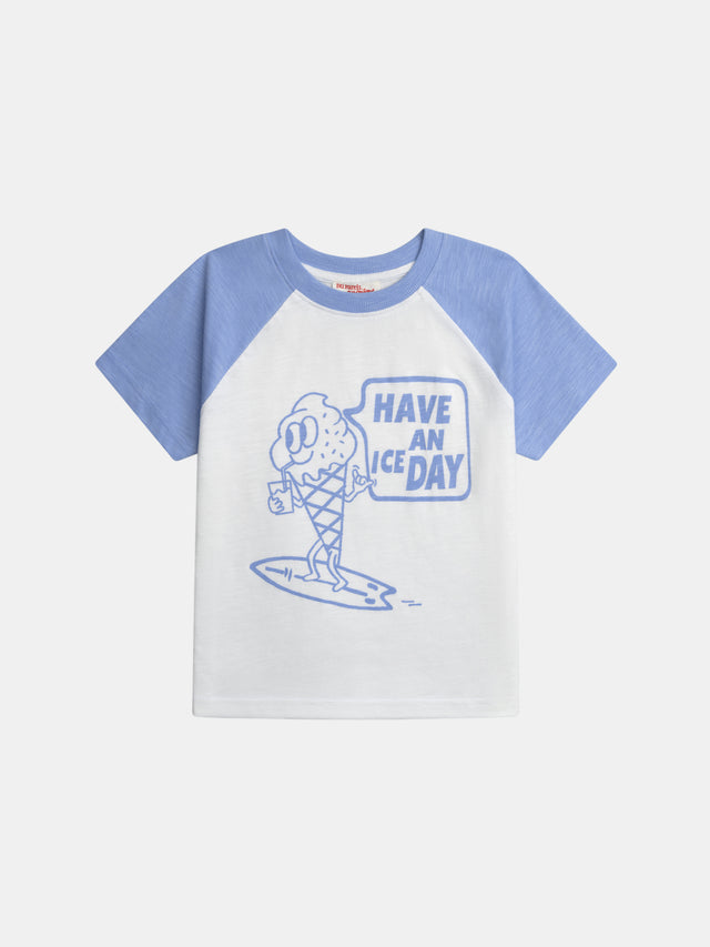 T-shirt ecru a maniche corte con maniche a contrasto e animazione del ghiaccio per bambini