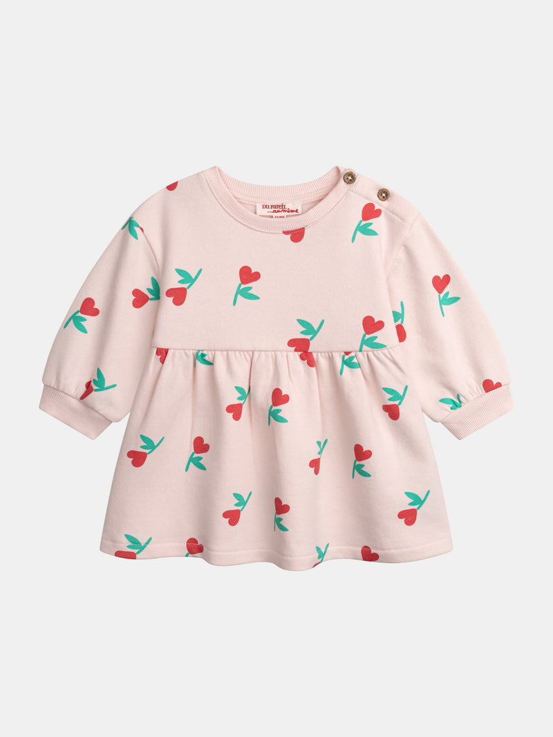 Abito rosa con stampa floreale-cuori per bambina