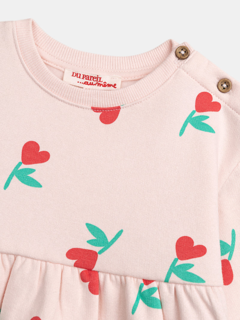 Abito rosa con stampa floreale-cuori per bambina