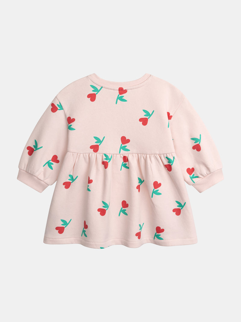 Abito rosa con stampa floreale-cuori per bambina