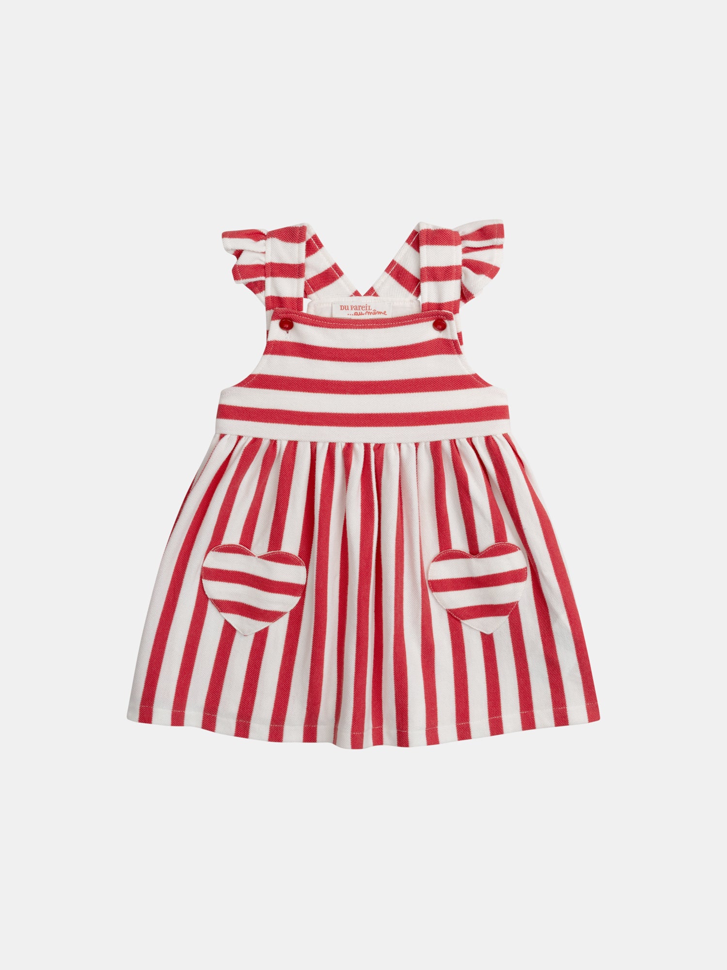 Robe rayé rouge et écru avec poches cœurs pour bébé fille