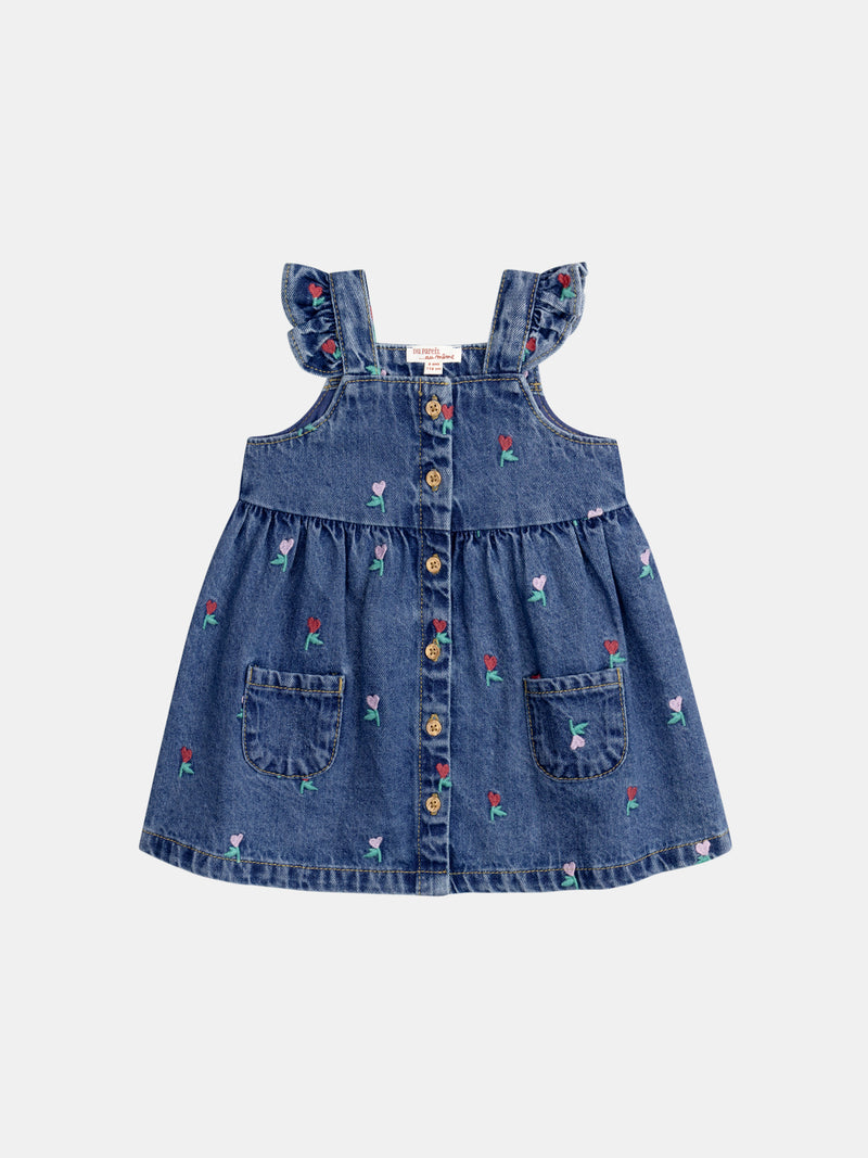 Vestito in denim con ricami di cuori floreali per bebè femmina