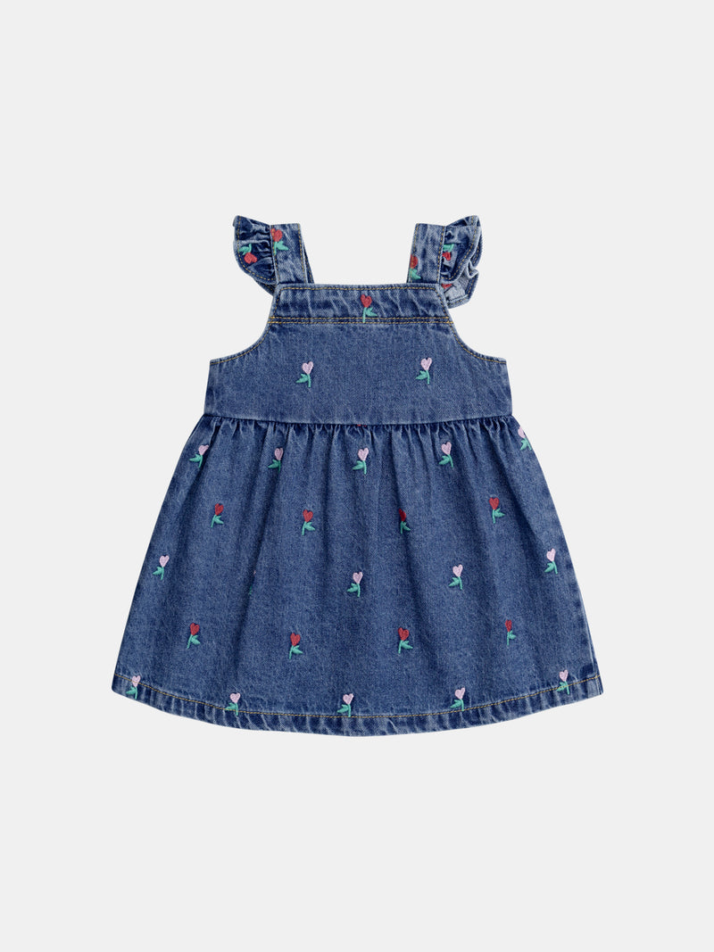 Vestito in denim con ricami di cuori floreali per bebè femmina