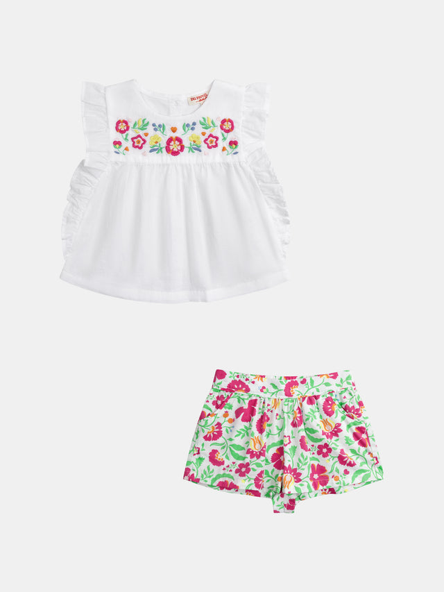 Set di blusa ricamata e pantaloni corti floreali per bambina