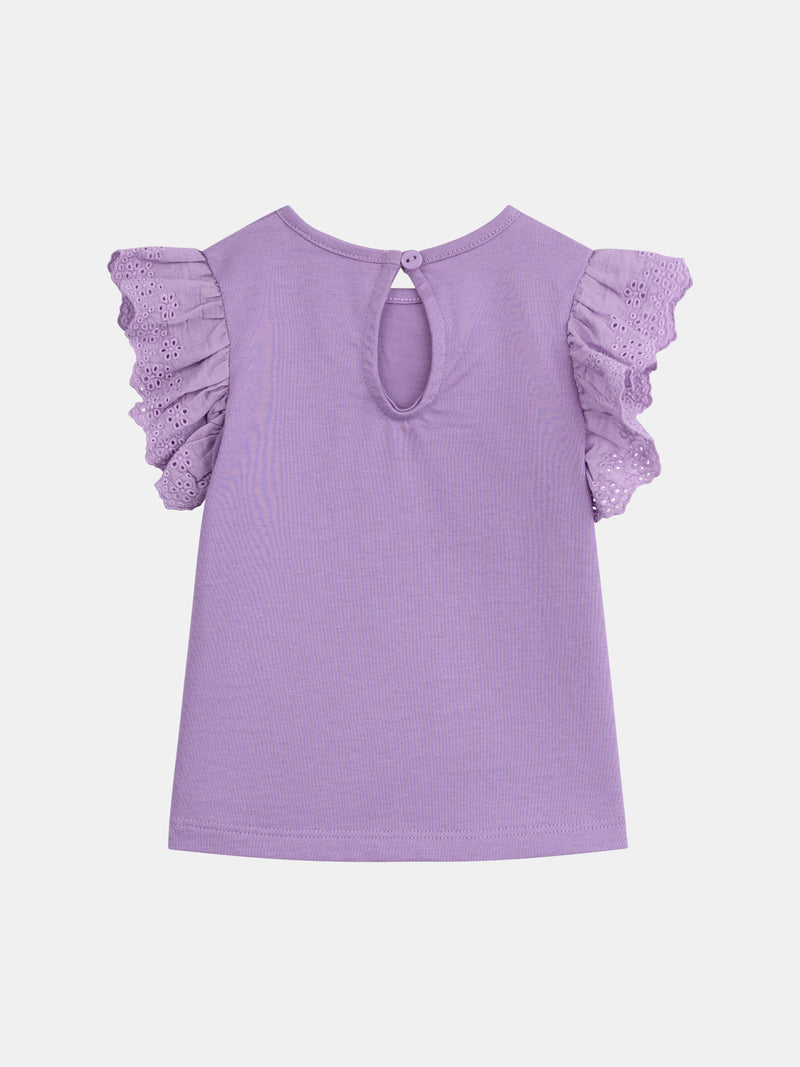 T-shirt viola con maniche volantate e ricamate per bambina