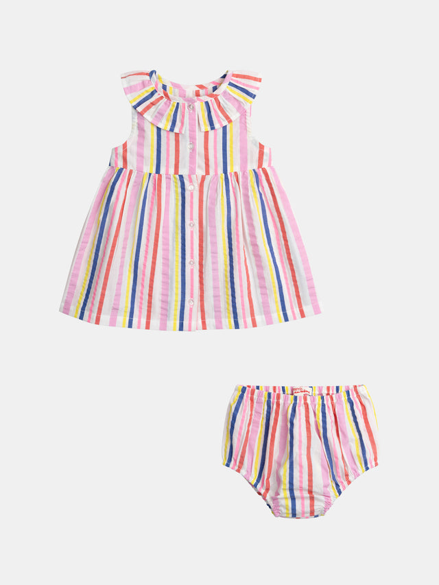 Abito a righe multicolore con colletto arricciato per bambina