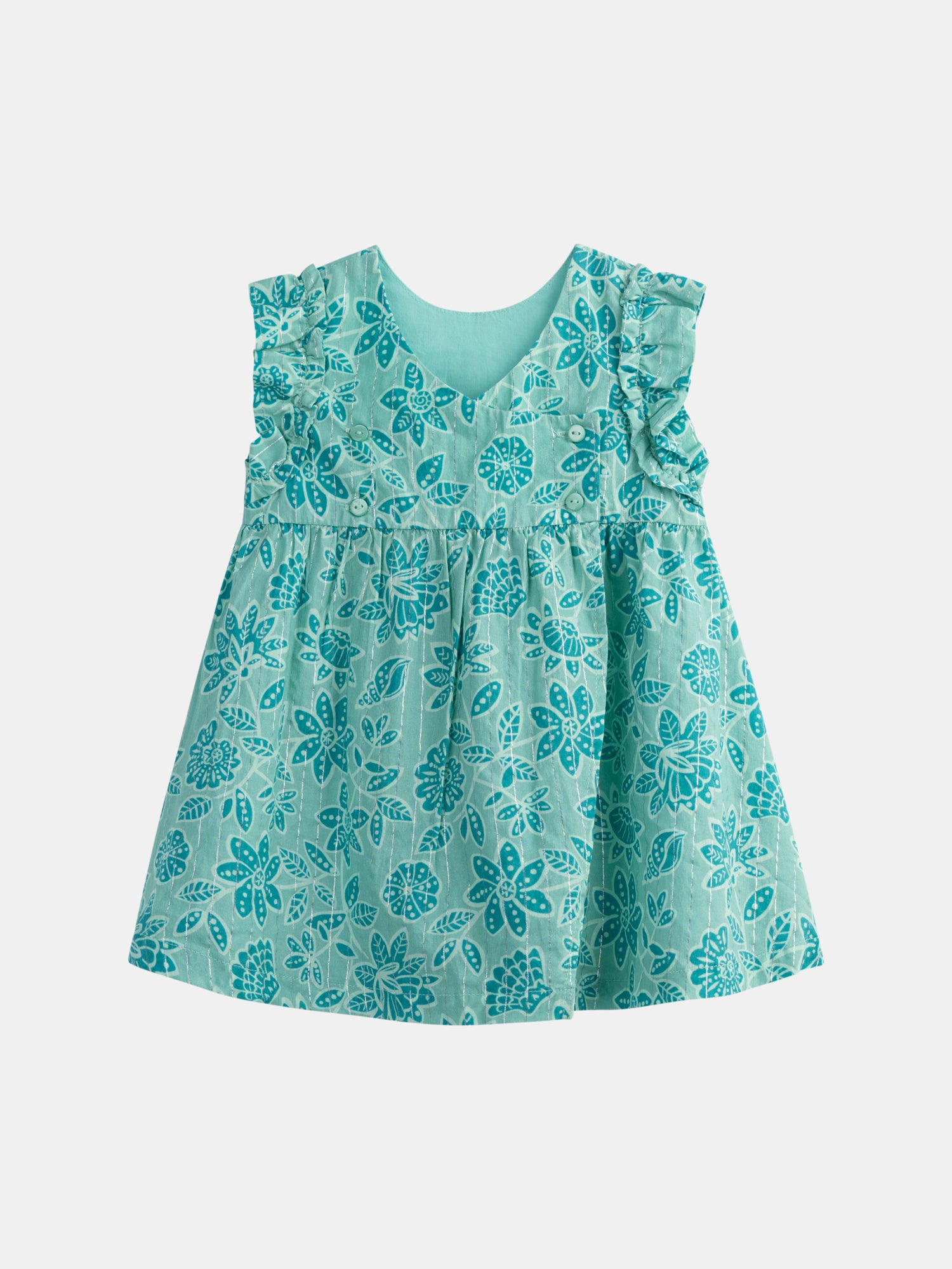 Abito verde acqua a stampa floreale integrale per bambina