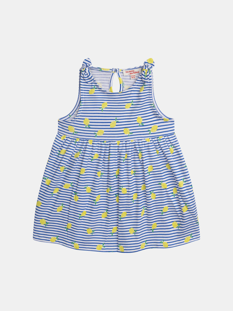 Vestito a righe blu e bianche con stampa di limoni per bambina