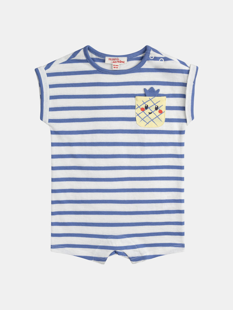 Combinazione blu e bianca a righe con tasca ananas per bambino