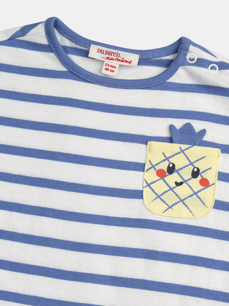 Combinazione blu e bianca a righe con tasca ananas per bambino