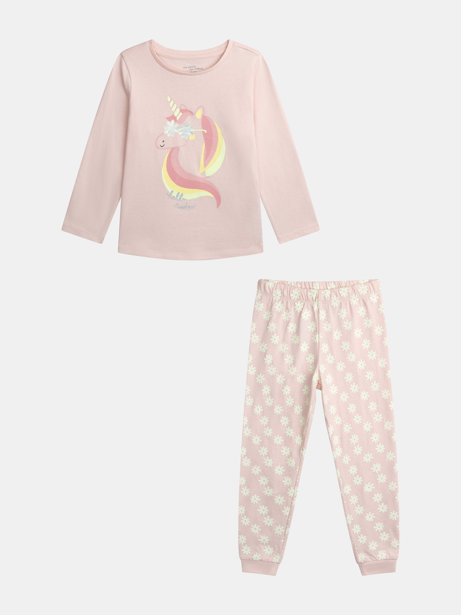 Pyjama long phosphorescent  rose poudré à motif licorne pour enfant fille