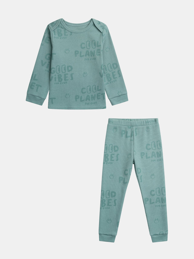 Pyjama vert "Good Vibes" en maille gaufrée pour enfant garçon