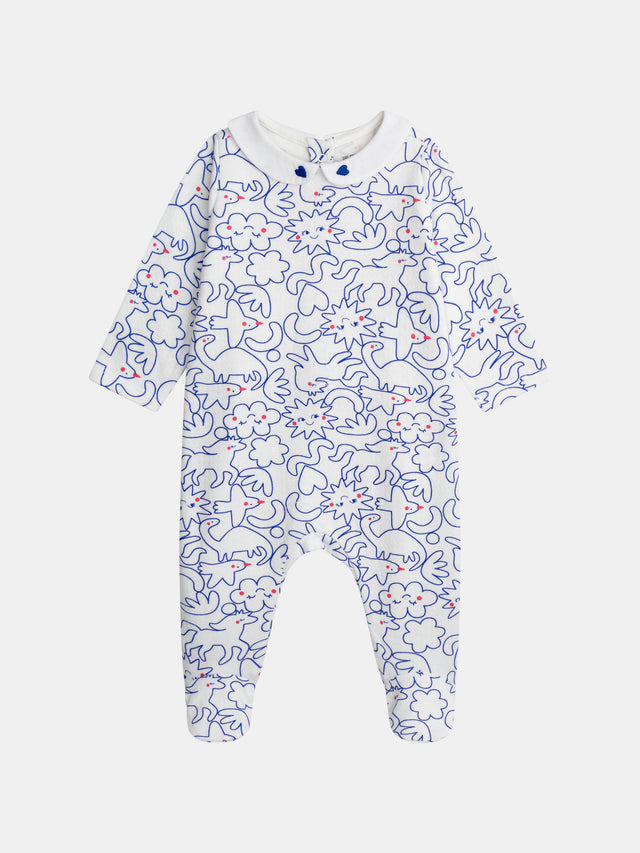 Pagliaccetto ecru con colletto Claudine e stampa blu "Dream" per bambina