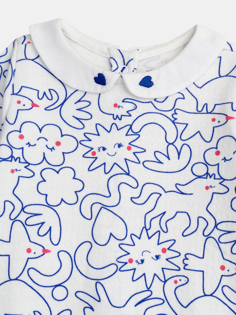 Pagliaccetto ecru con colletto Claudine e stampa blu "Dream" per bambina
