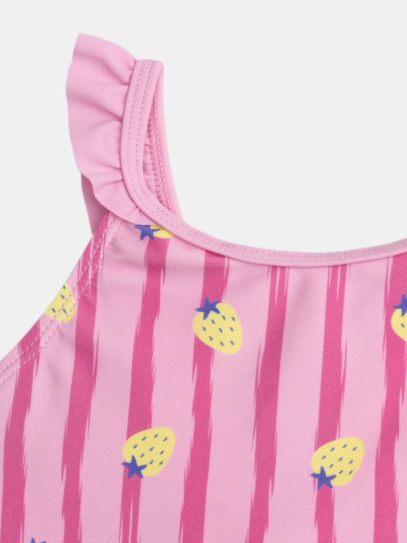 Costume da bagno a una pezzo stampato con fragole su strisce rosa