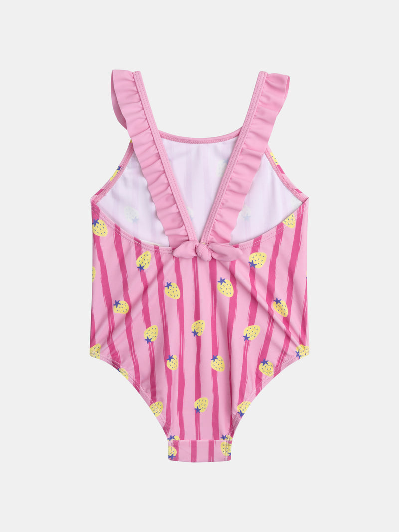 Costume da bagno a una pezzo stampato con fragole su strisce rosa
